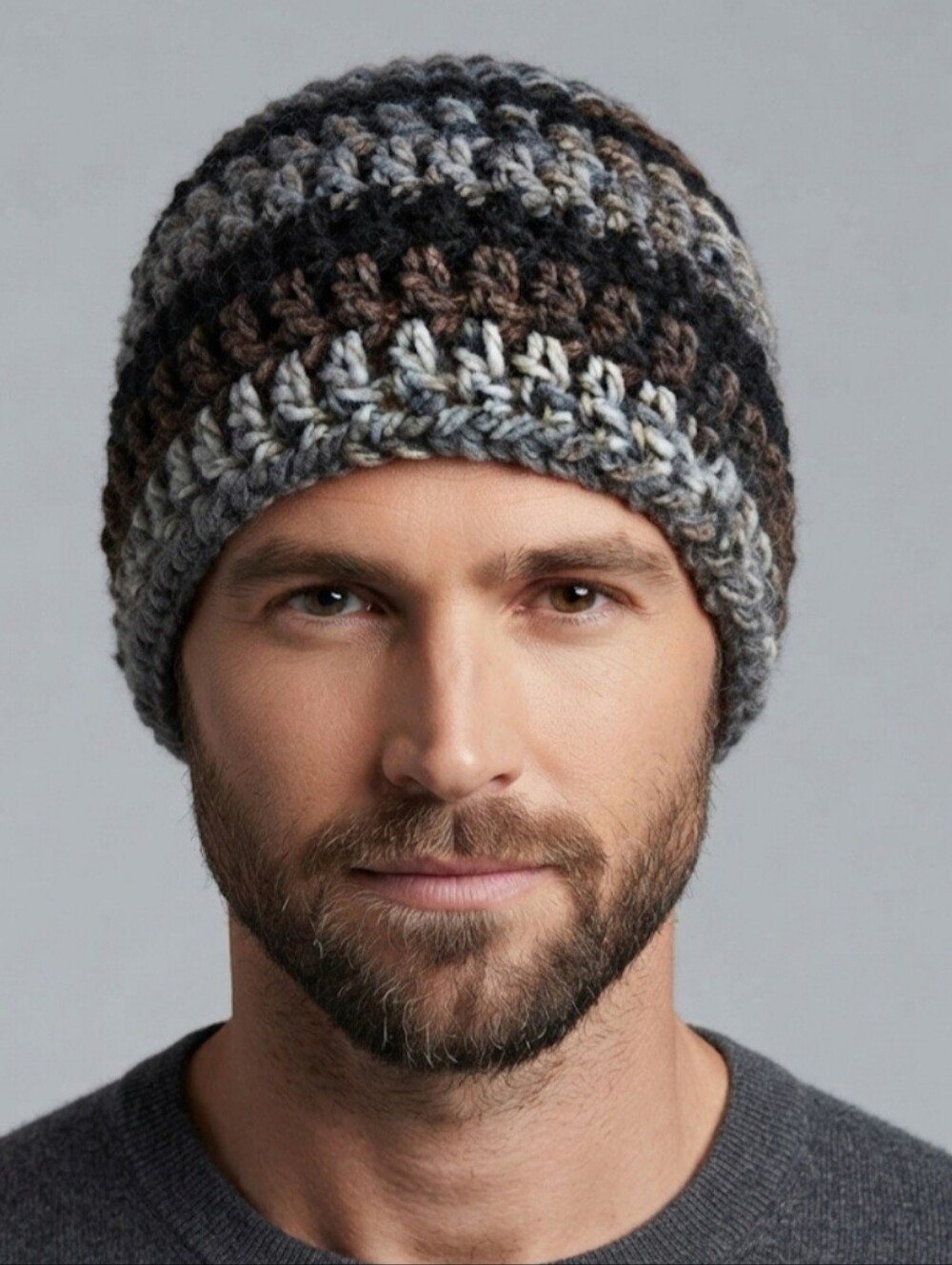 Handmade Crochet Reversible Beanie Hat Black Heather Textured Winter Adult Gift